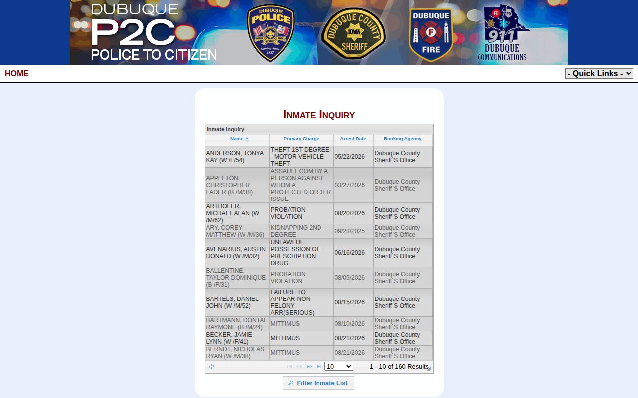 Dubuque County Jail P2C Inmate Inquiry custody search form